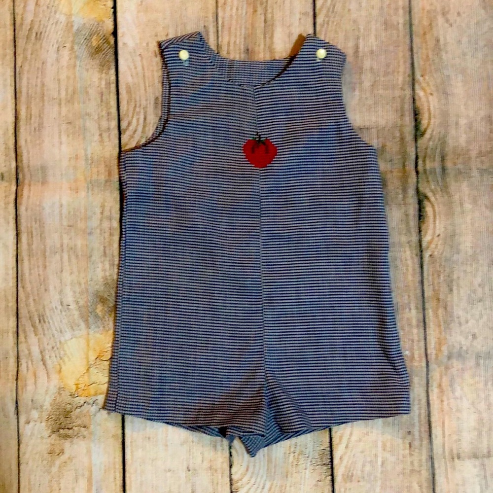 Navy Checkered, smocked, used handmade Shortall Romper. 9-12 months.